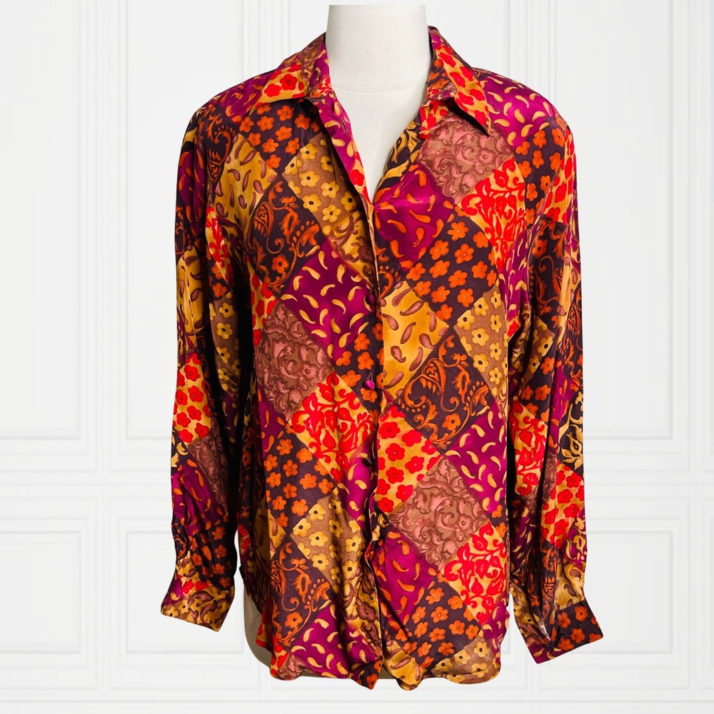 SLB Women Silk Patchwork Floral Paisley Button Down Shirt Multi Color Size M